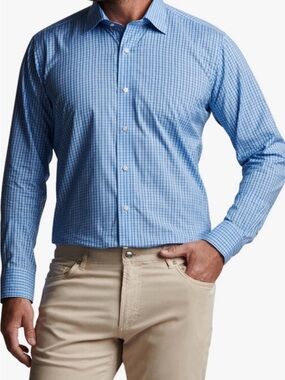 Peter Millar Nordic Riff Sport Shirt Blue Windowpane Plaid Long Sleeve XL XLarge